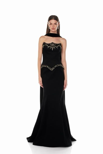 Schwarzes  mit Meerjungfrauenschnitt verziertes Abendkleid